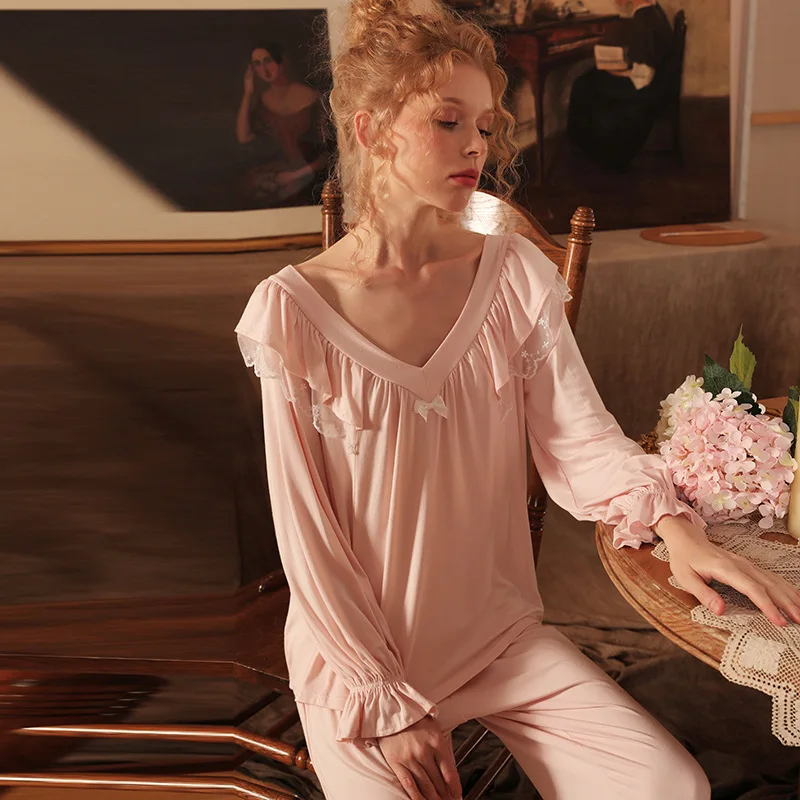 

Винтажные пижамные комплекты с бантом и V-образным вырезом, Осенние милые Модальные топы и брюки, одежда для дома, одежда для сна принцессы, Ночная одежда, волшебная свободная кружевная Пижама