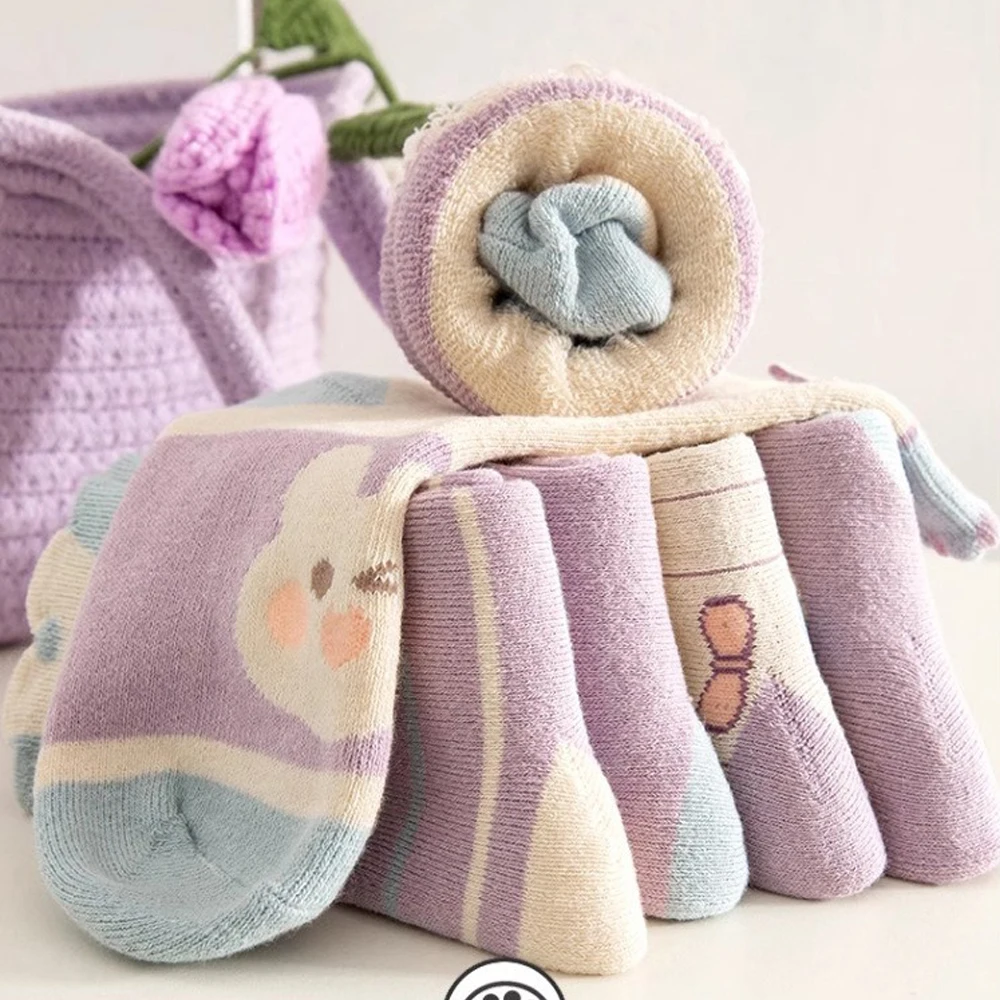 5 أزواج من الجوارب السميكة للفتيات، جوارب أطفال على شكل أرنب كرتوني لطيف، دفء الشتاء، جوارب أنبوبية متوسطة أرجوانية، خريف/شتاء