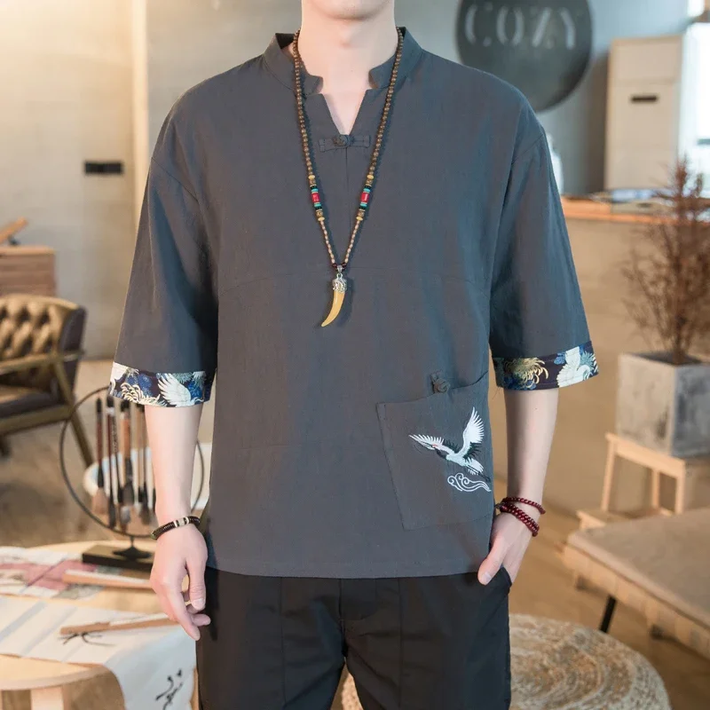 

Модный, модный, персонализированный, свободный крой, большой размер, универсальная мужская летняя новая вышивка с коротким рукавом, в ретро стиле