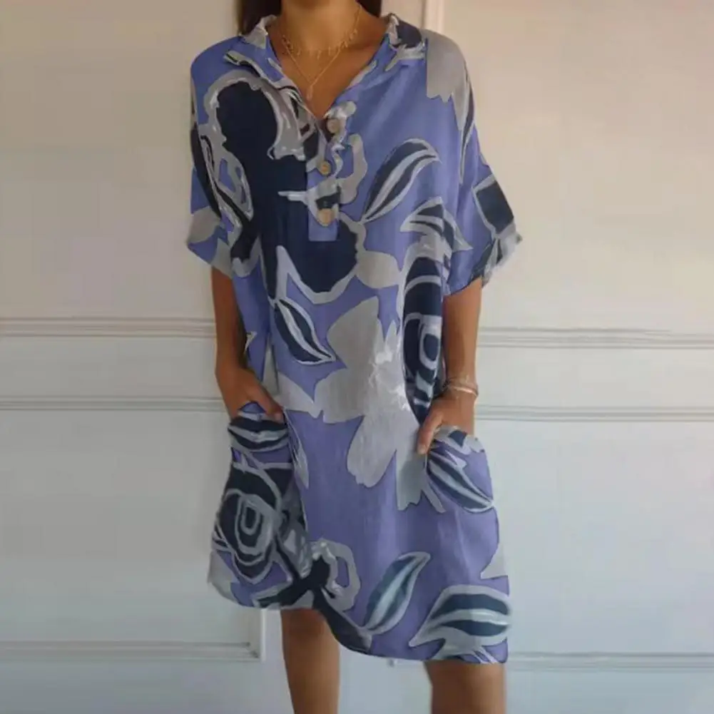 

Cotton Linen Dress Floral Printed A-line Maxi Dress for Women Office Party Beach Fashion with Short Sleeve Spring Summer Boho