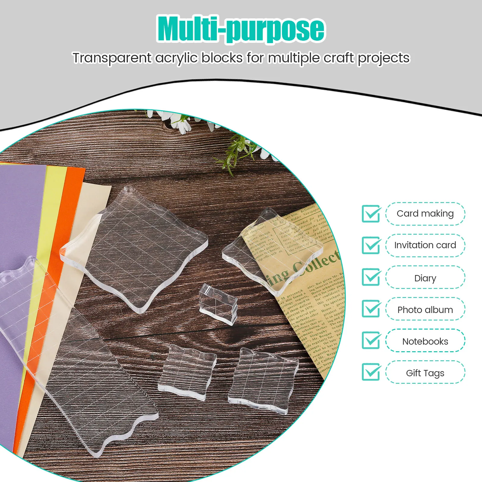 Acrylic Stamp Blocks 6Pcs with Grid Lines Clear Reusable Smooth Stamping Block acrylic stamp block