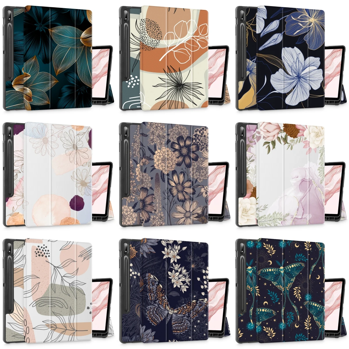 Capa Flor para Samsung Galaxy Tab s9 Plus 12.4 12.4 Sm-x810 X816 X818 Trifold Suporte de Couro Tampa Traseira Macia Caixa Automática