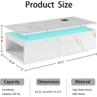 LED Coffee Table with Storage, White Coffee Table with Wireless Charging and Speaker, High Glossy Modern Center Table with 2