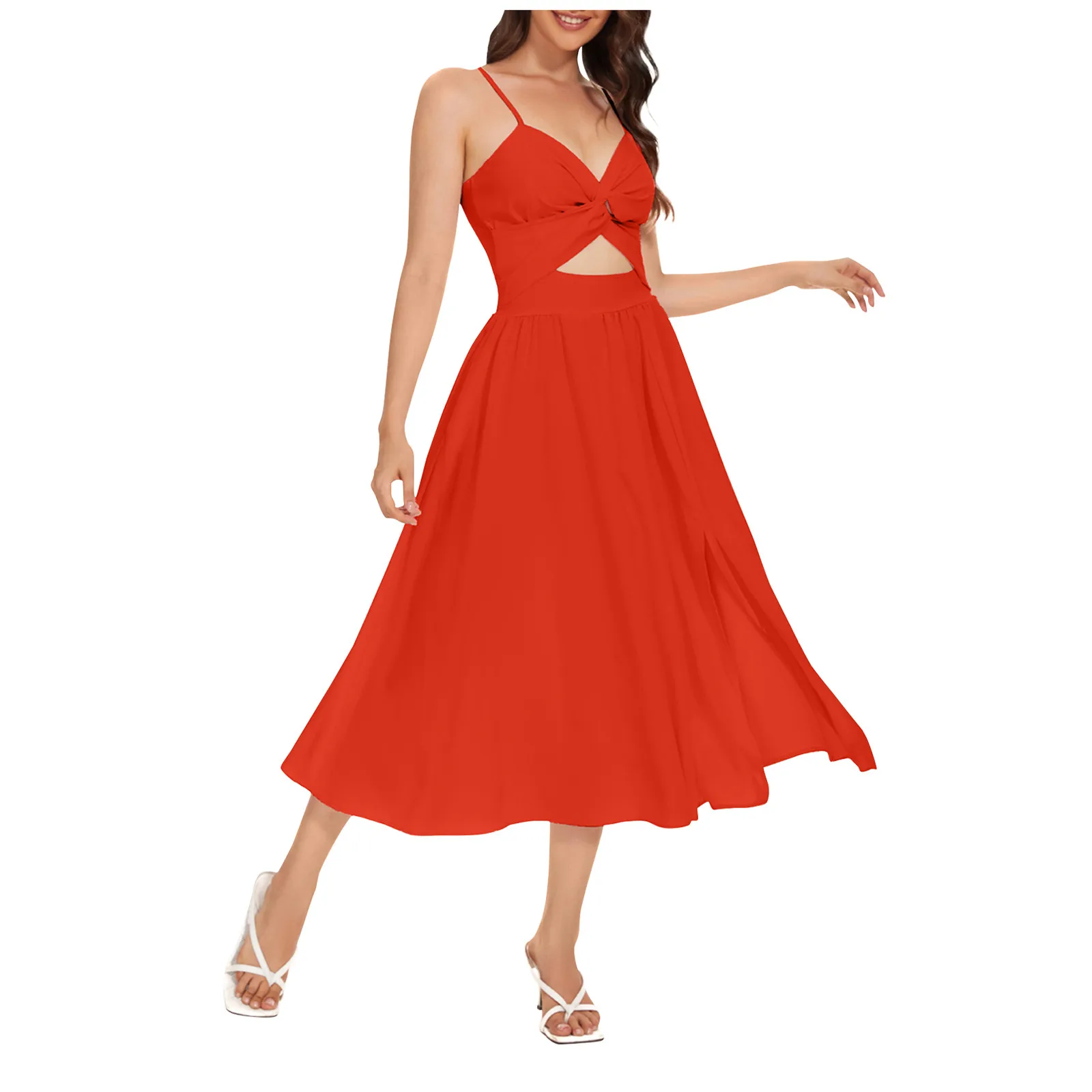 

Women'S Slim Long Dress Thin Shoulder Suspender Front Chest Cross Pleated Hollow Out Waist Dress Sexy Backless High Slit Maxi