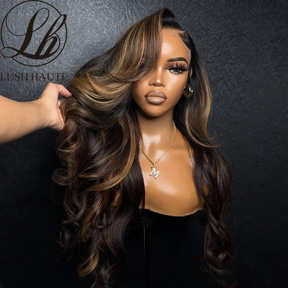 Body Wave Highlight Lace Front Wigs Synthetic Omber Blonde /Chocolate Brown  Lace Frontal Wigs Heat Resistant Fiber for Woman