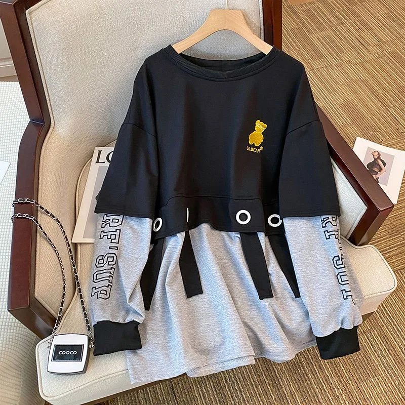New Spring Fashion Design Sense Small and Fake Two Piece Spliced Round Neck Loose Large Size Versatile Slim Long Sleeve Sweater design round square buckle elastic braided belts women boho fake straw weave wide belt casual summer girls waistband accessories