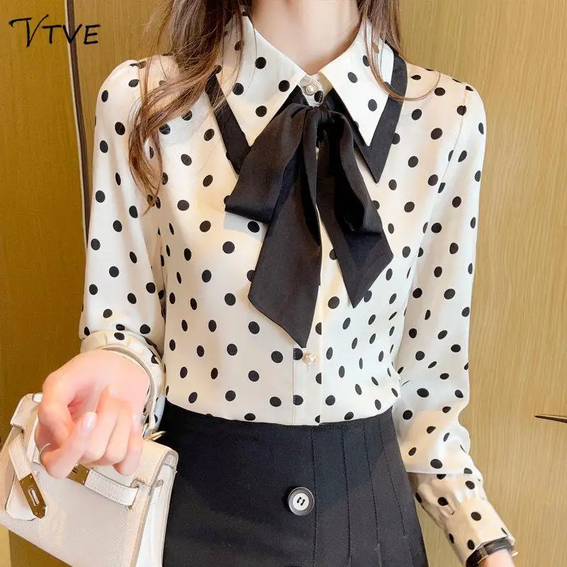 Fashion Lapel Lace Up Polka Dot Bow Shirt 2022 Autumn New Casual Tops Loose Printed Commute Female Clothing Sweet Blouses