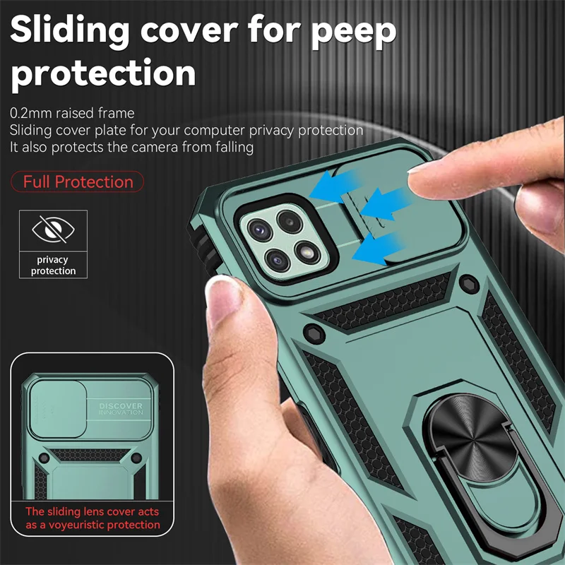 Armor Shockproof Case with Car Magnet Ring Holder and Slide Camera Lens Protector Cover