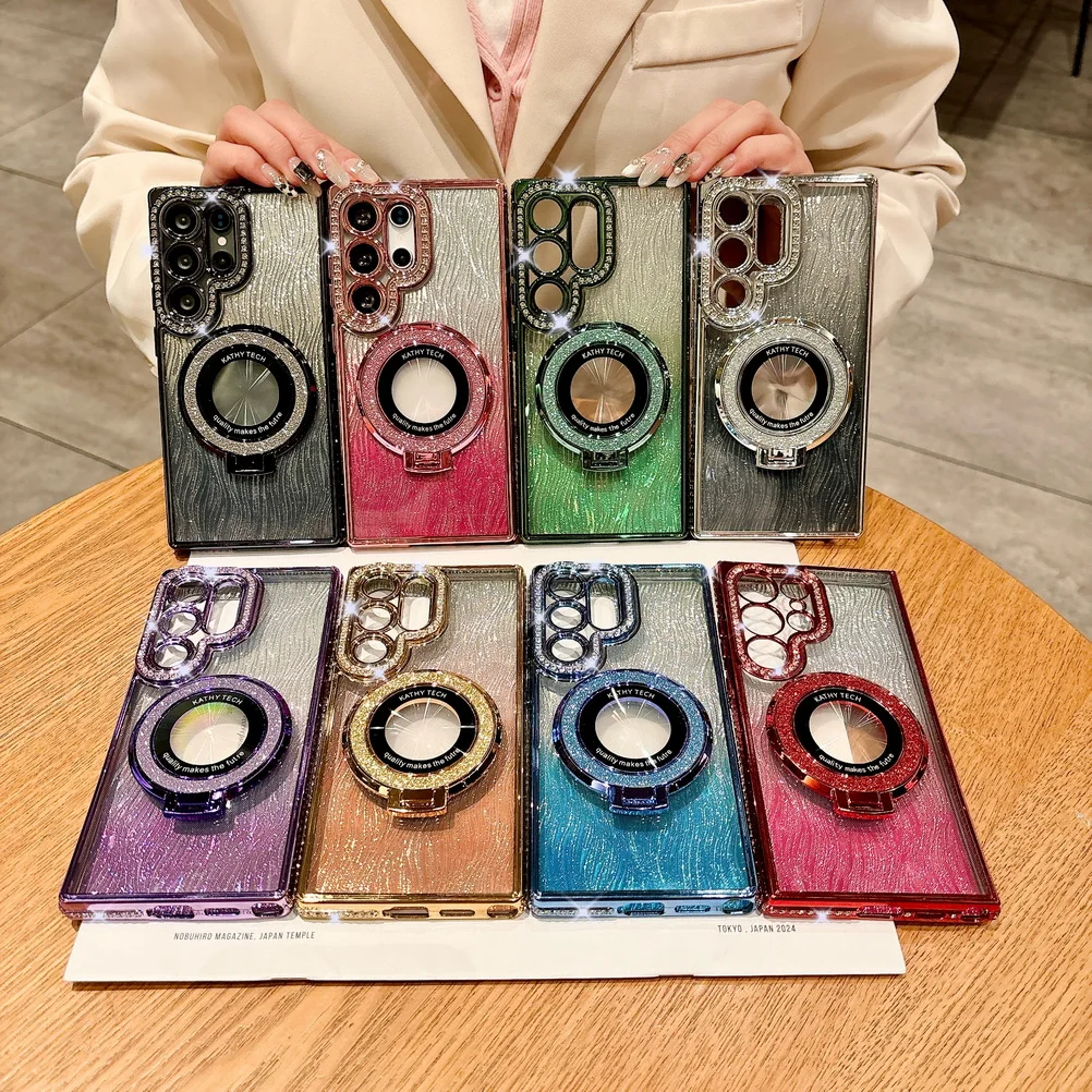 Rhinestone Glitter Magnetic Mount Water Ripple Case with Camera Protection