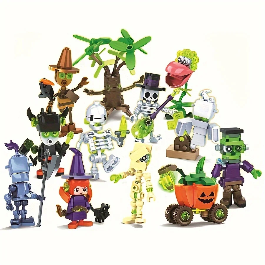 Halloween micro particle building blocks desktop decoration, self-assembly, haunted house model decoration toys, 12 styles a set