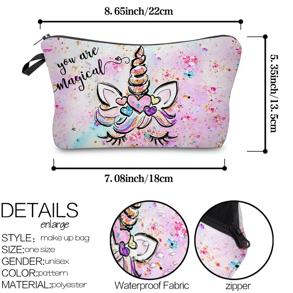 Cartoon Unicorn Print Makeup Bag, Toiletry Pouch Adorable Roomy Travel Water Resistant Cosmetic Bag Accessories Organizer Holida 6