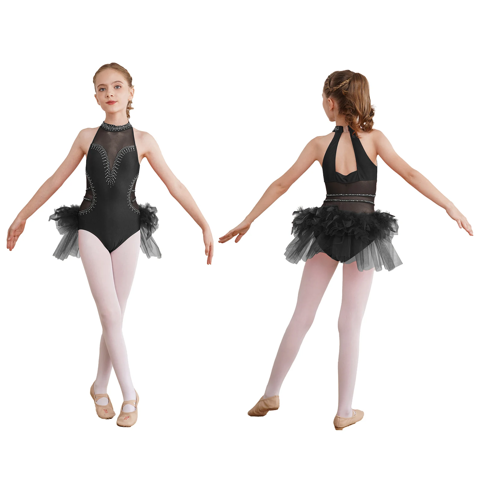 thumbnail image 1 of Traje de actuación de baile latino de Ballet para niñas, leotardo de malla transparente con diamantes de imitación, mono con falda de tul para patinaje artístico con plumas, 1 of 5