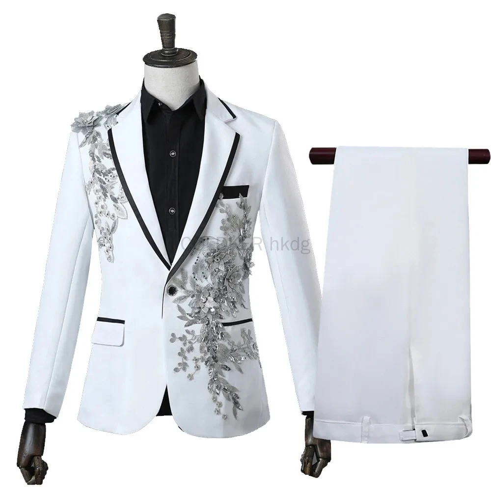 Mens Suit COLDKER Elegant Appliqued Slim Fit 2 Piece Formal Tuxedo Blazer Pants with Bow Tie for Wedding Prom
