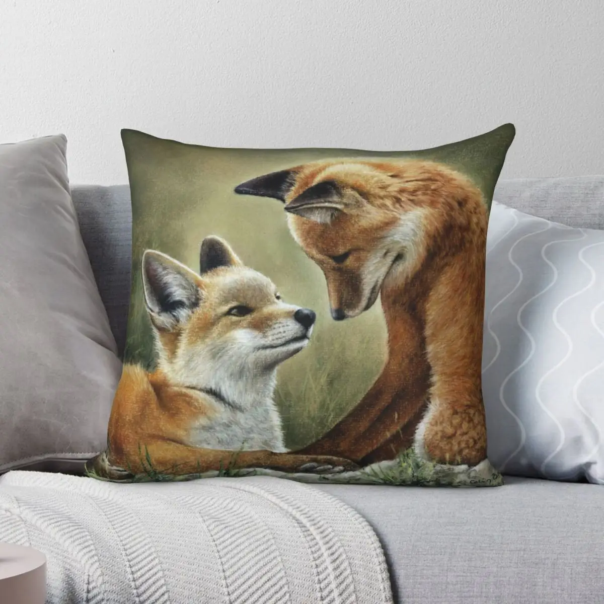 

Квадратный чехол для подушки с двумя лисами, чехол из полиэстера и льна с бархатным узором, декоративный чехол для подушки на молнии, чехол для подушки