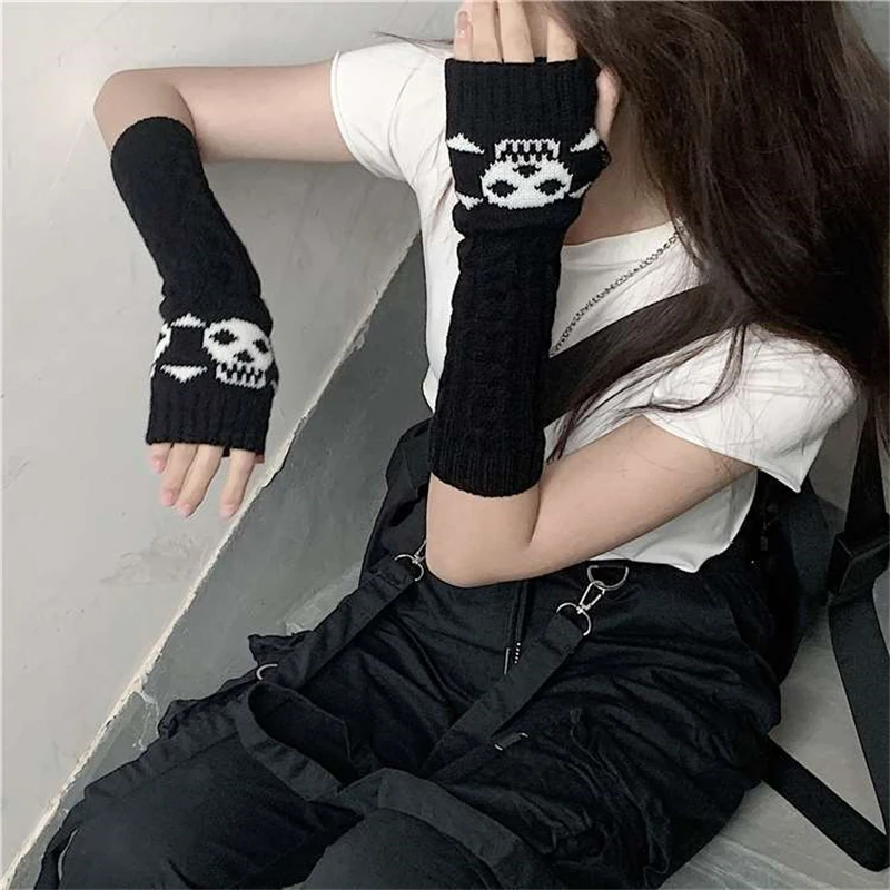 GothLongFingerlessArmSleeveGlovesArmWarmersBlackSkullGloves