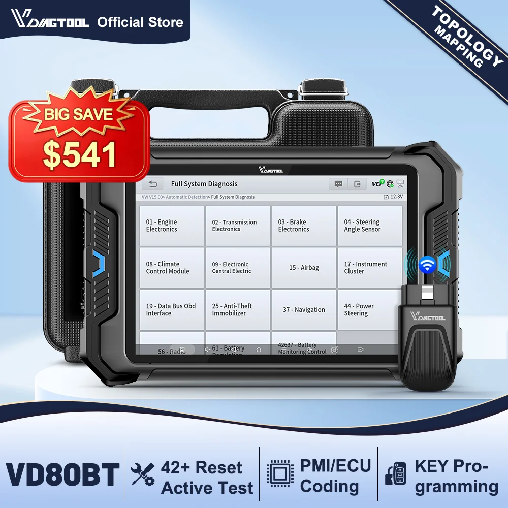 VDIAGTOOL VD80BT Automotive OBD2 Scanner Topology Map 42+ Resets Active Test ECU Coding Car Diagnostic Tool FCA 3 Year Update