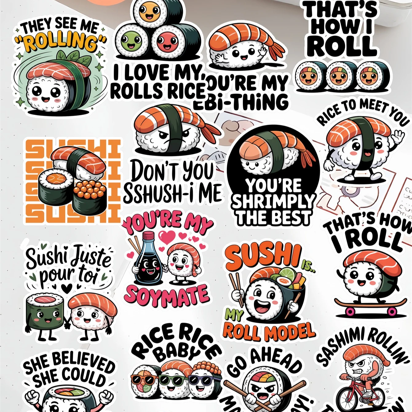 20 Stück Kawaii selbstgemachte Cartoon süße Sushi englische Zitate Aufkleber/schöne Aufkleber/dekorative Aufkleber/DIY Handwerk Fotoalbum