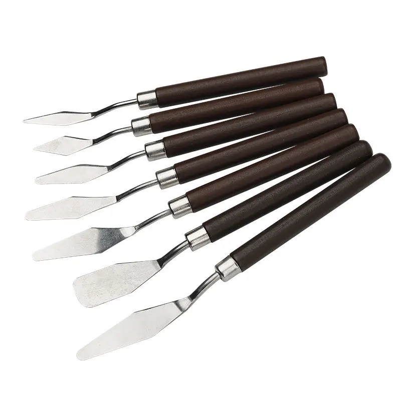 7PCS 전문 페인팅 스크레이퍼 세트 나무 손잡이 스테인레스 스틸 구아슈 아크릴 페인트 믹싱 나이프 수채화용 미술 도구