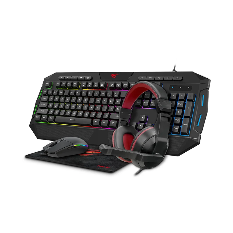 Havit KB501CM Kit Gaming 4en1 - Ratón con 4 Modos de Sensibilidad, Teclado Ergonómico con 19 Teclas Anti-Ghosting, Auriculares con Sonido de Alta Calidad y Diadema Ajustable, Alfombrilla de Ratón de Tela