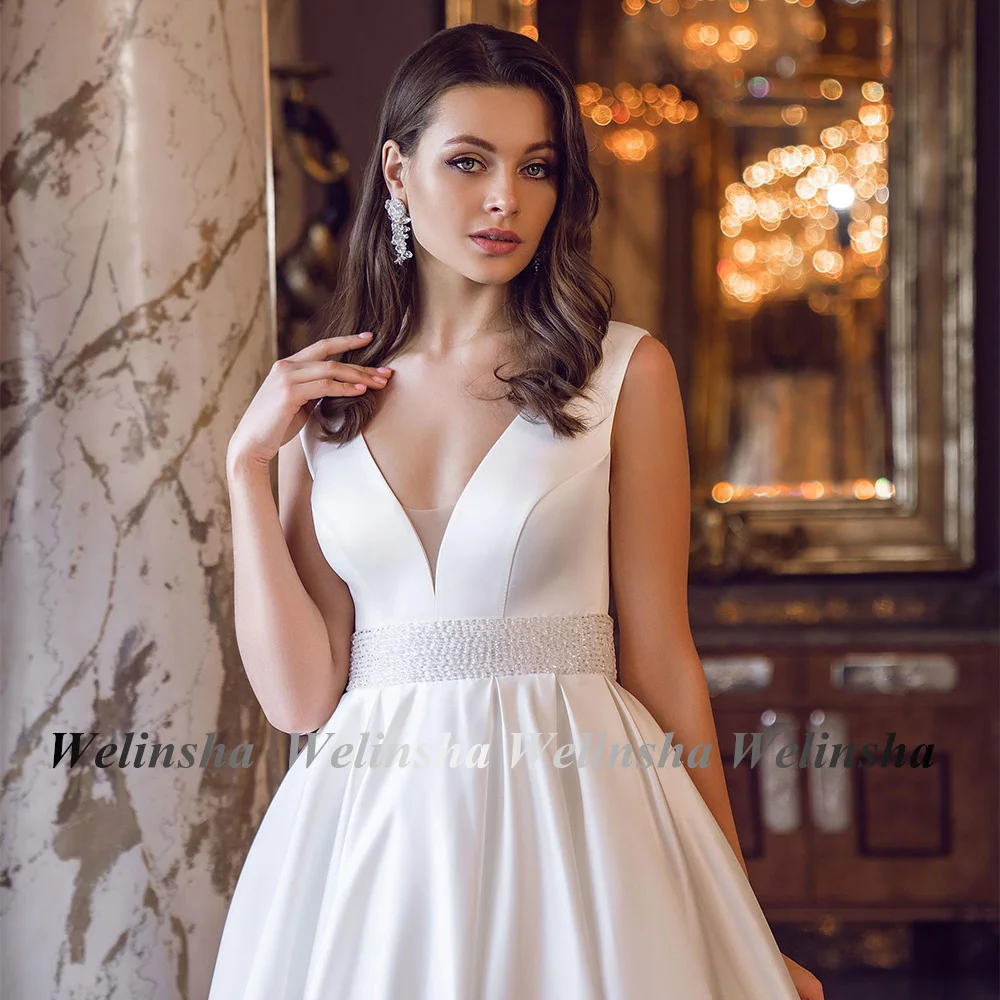 Weilinsha Satin Wedding Dress Robe De Mariage Elegant V Neck Sleeveless Beading Belt Sweep Train A Line Corset Bridal Gown