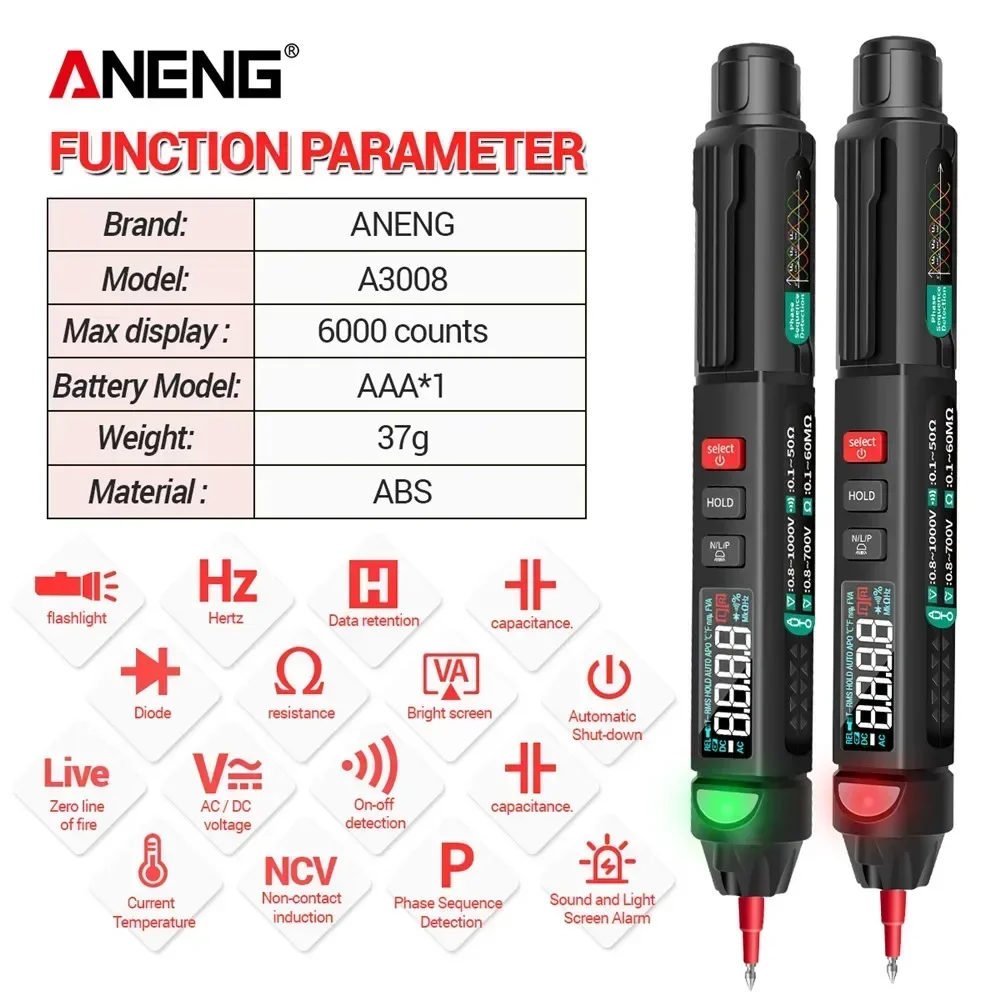 Digital multimeter ANENG A3008 Intelligent 6000 Counts Non Contact Voltage Meter Multimetro Removable Pen Tip Tester Tools