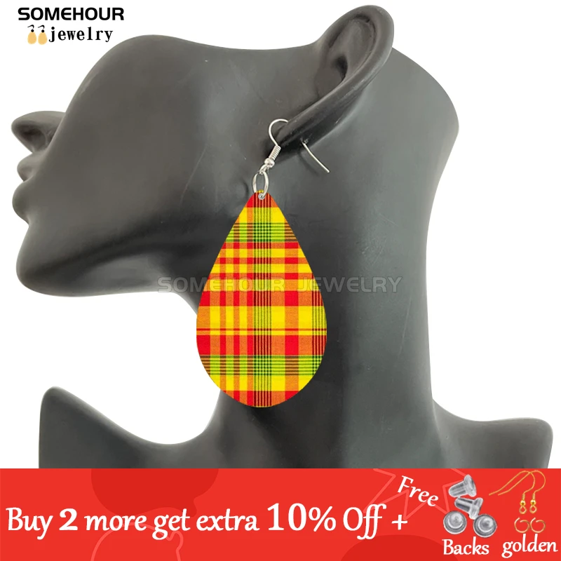 SOMEHOUR 7 Shapes Madras Plaid Print Wooden Drop Earrings African Ethnic Art Geometric Pendant Dangle Jewelry For Women Gifts 2