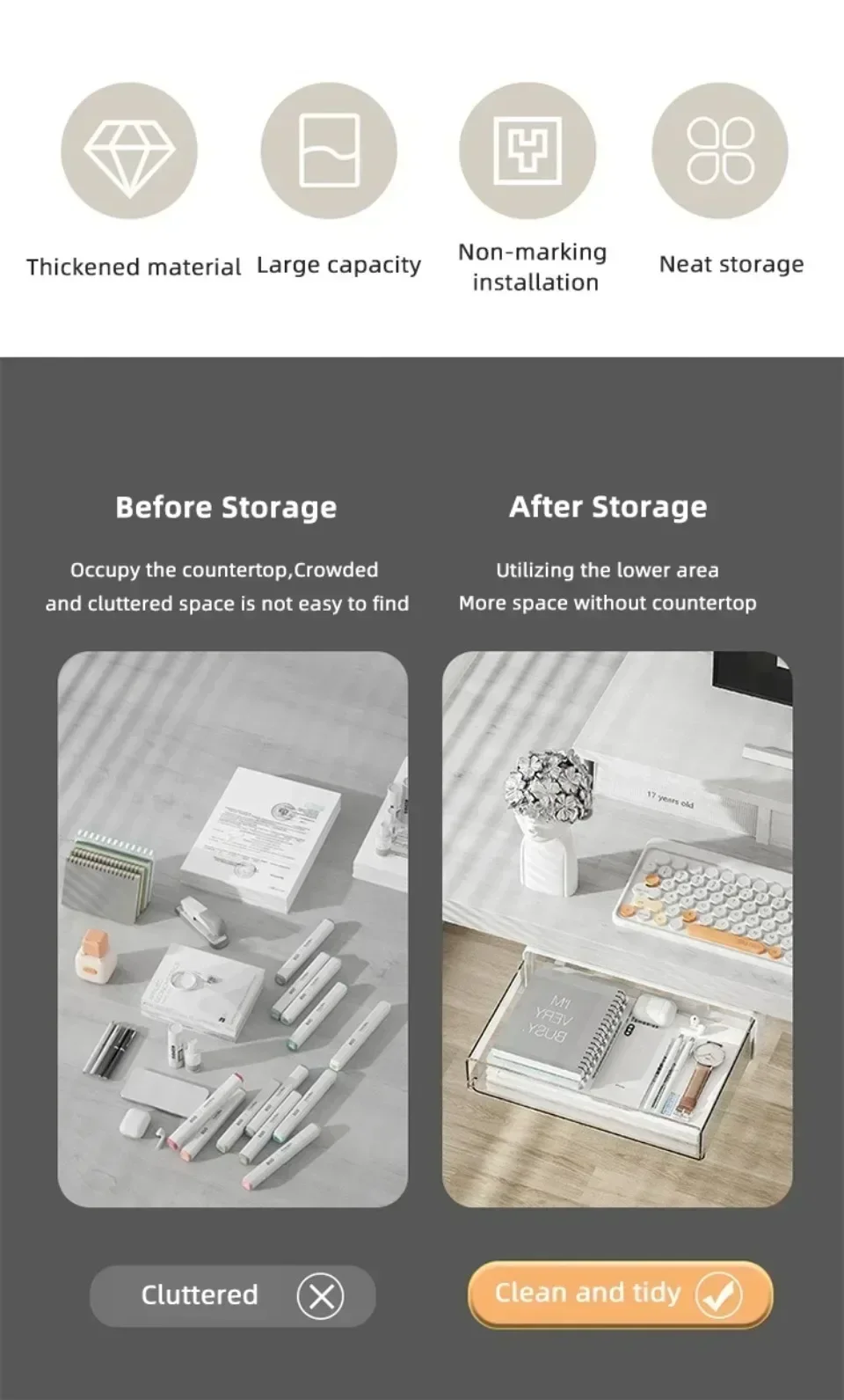 Transparent Drawer Under Desk Organizer Hidden Undertable Household Large Capacity Thick Non Installation Stable Storage Box