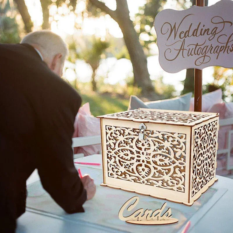 Wedding Card Boxes Hollow Wooden Box Gift Money Holder DIY Decor Supplies for Wedding Party Favors