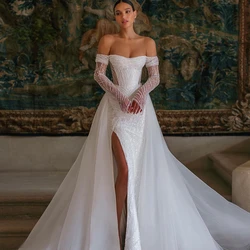 Detachable 2 In 1 Luxury Wedding Dress Embroidered Lace On Net With Train O-neck Sleeveless Vintage Bride Gown Vestido De Novia