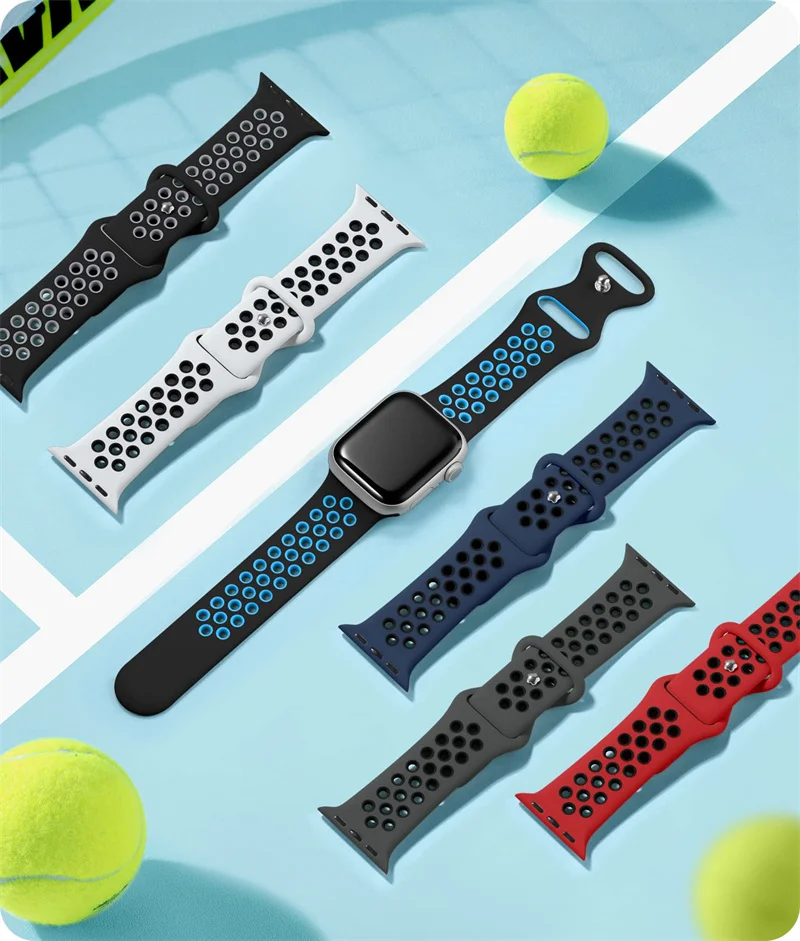 Sport Strap for Apple Watch Band 44mm 40mm 42-38-41mm 45 mm Air-hole Silicone Bracelet iWatch Series 9/8/7 6 SE 5 Ultra 2 49mm