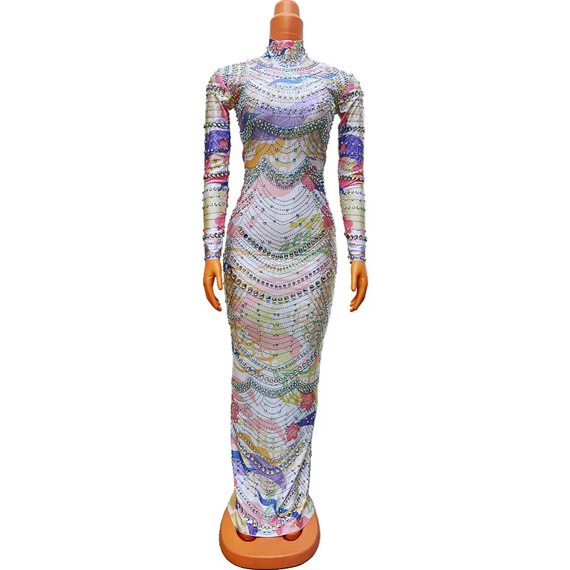 

Original Design Printing Glitter Rhinestones Skinny Long Dress Women Stage Performance Costume Birthday Prom Evening Party Dress