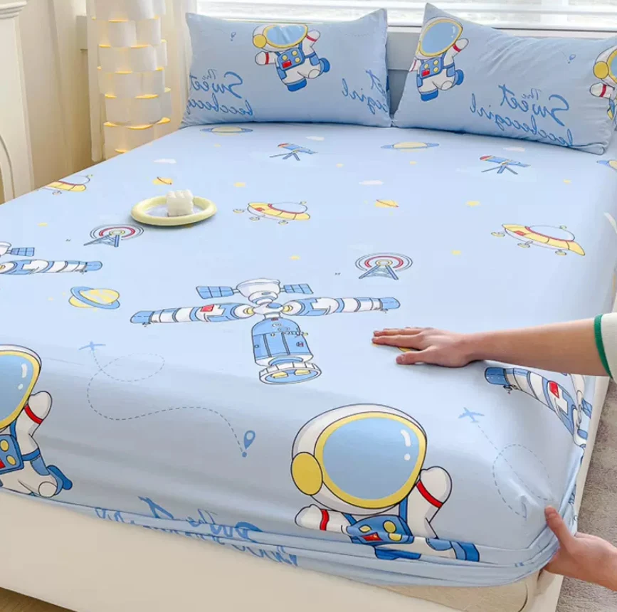 Fitted Sheet with Elastic Band 100% Cotton + 2pcs Pillowcase Soft Cartoon Space Printed Children Boys Girls Bed Mattress Cover 6