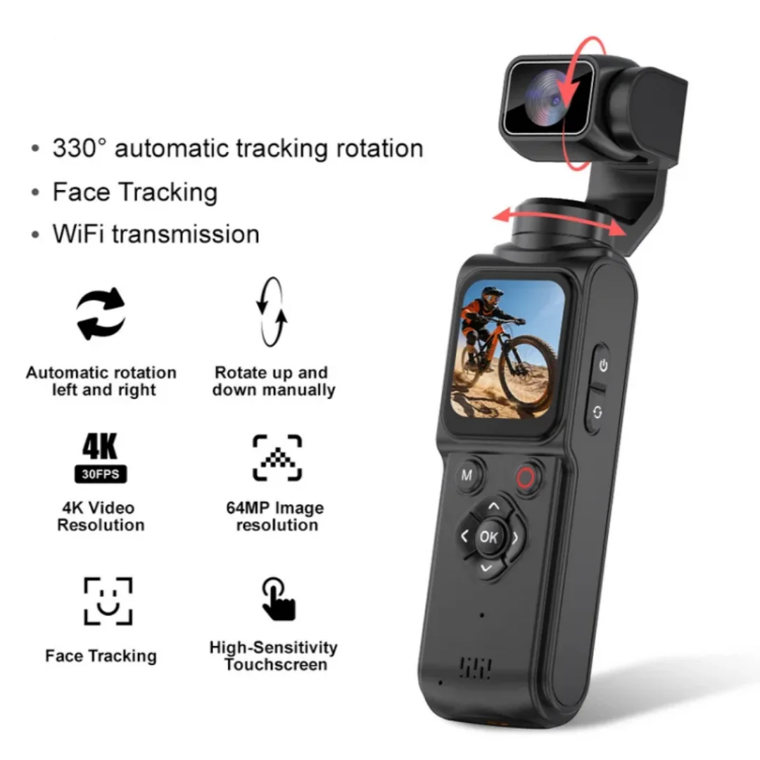 4K Vlog Action Camera 330° Face Tracking 18x Zoom 2400mAh Battery Gimbal Stabilizer 1.72 Inch Touch Screen WiFi Sports Cam