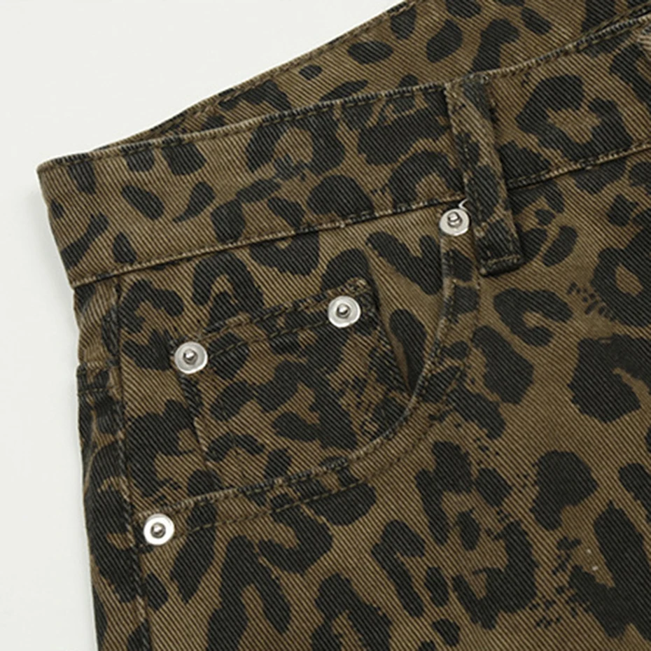 Leopard Denim Shorts Men Vintage Loose Jeans Shorts Summer Streetwear Hip Hop Leopard