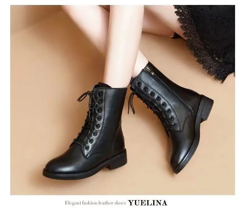 Mode Spitz Frauen Vielseitige Leder Stiefel Nicht-slip Chunky Heels Externe Tragen Trend Schuhe Schwarz Lace Up Weibliche boot – Detail 9