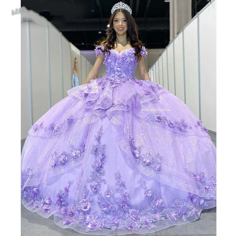 ANGELSBRIDEP Lilac Ball Gown Quinceanera Dresses Shiny Celebrity Party Gowns 3D Appliqued Flowers Graduation Vestidos De 15 A&ntilde;os