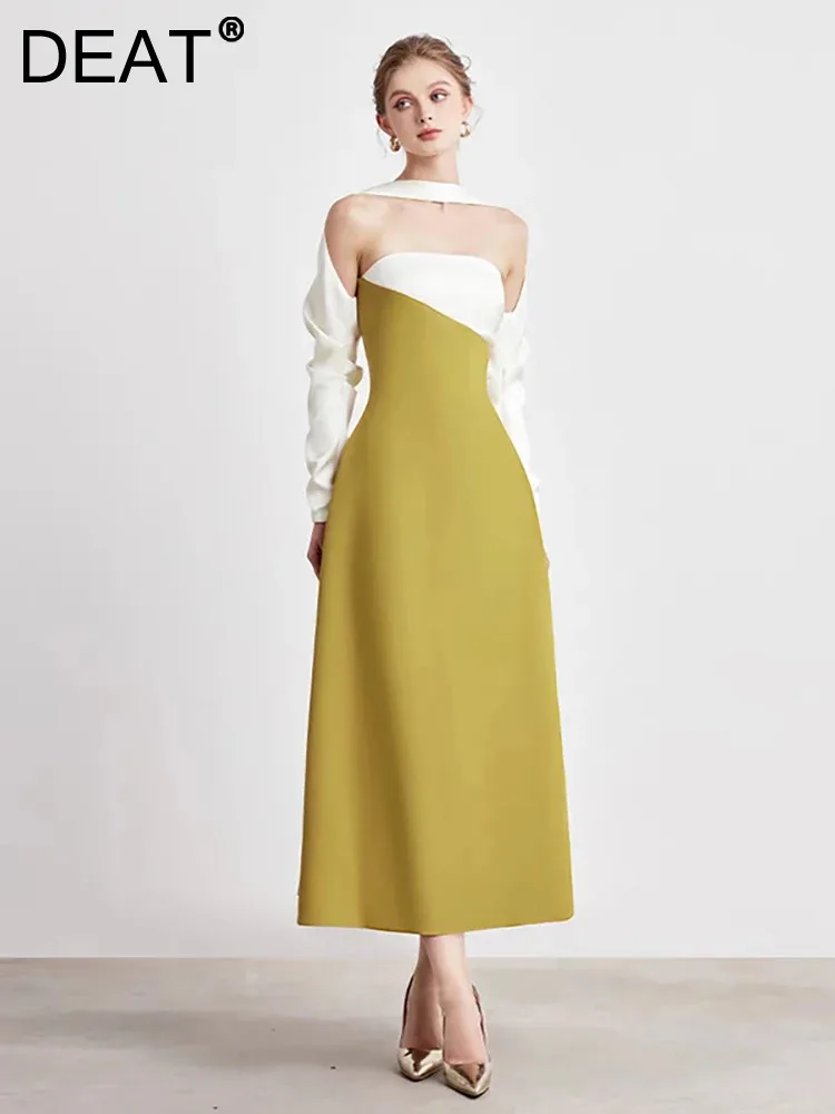 DEATElegantDressStraplessOffShoulderContrastColorAsymmetric