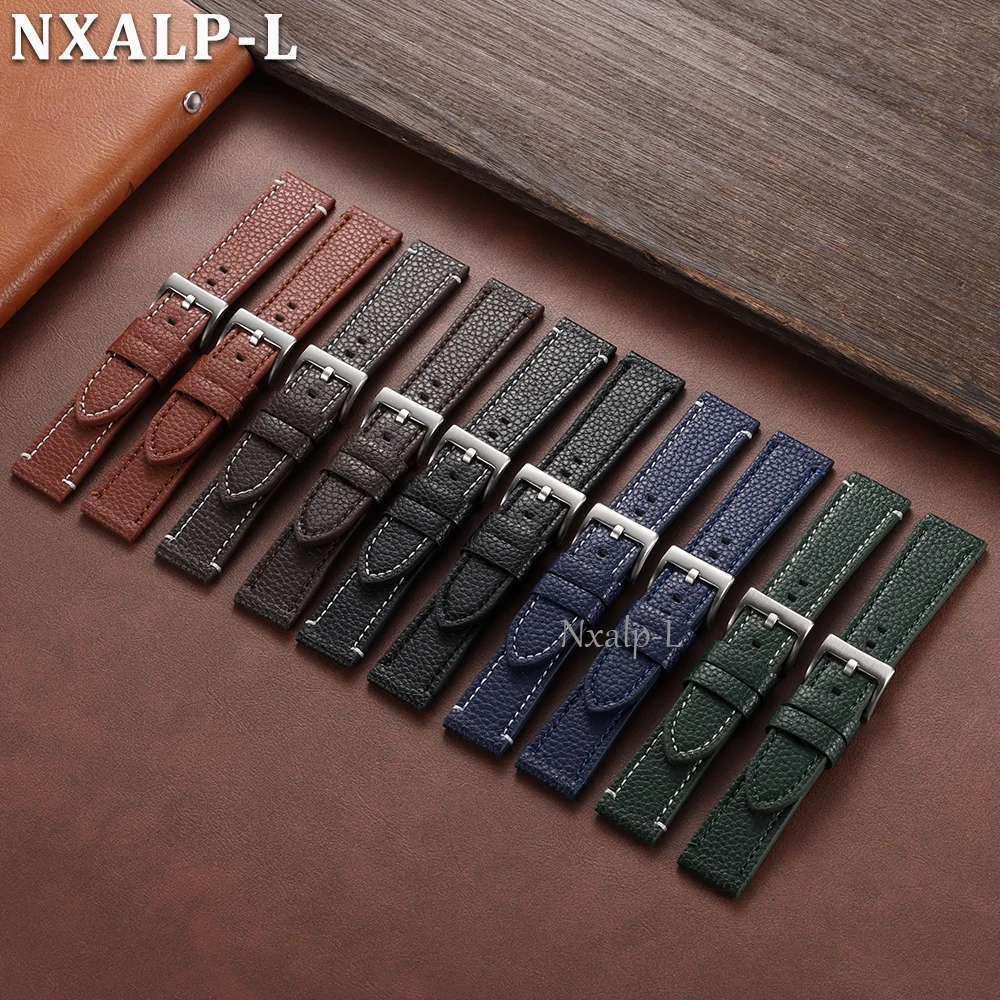 Lychee Pattern Genuine Leather Watch Band with Stitching and Metal Buckle