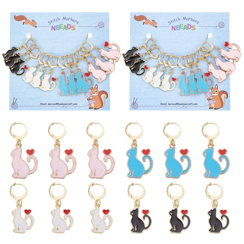 

24Pcs Alloy Enamel Cat Charm Locking Stitch Markers Golden Tone 304 Stainless Steel Lobster Claw Clasp Locking Stitch Marker