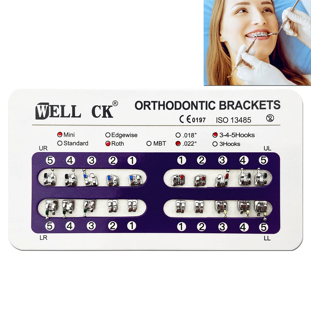 1 แพ็ค WELLCK ทันตกรรมจัดฟันวงเล็บโลหะวงเล็บ Mini Roth/MBT/Edgewise Slot 0.022 0.018 ตะขอ 3-4-5 ทันตแพทย์วงเล็บ 1
