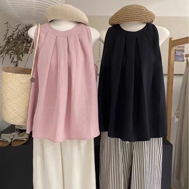 Pink Solid Sleeveless Vest Summer  Youthful Woman Trend Solid Casual T-shirt Sweet O-neck Age reduction Doll Top New In Clothing