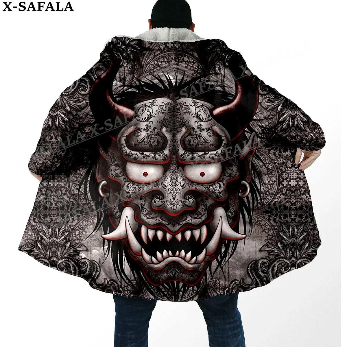 

Japanese Art Samurai Mask Tattoo Print Thick Warm Hooded Cloak Men Overcoat Coat Windproof Fleece Cape Robe Hooded Blanket-3