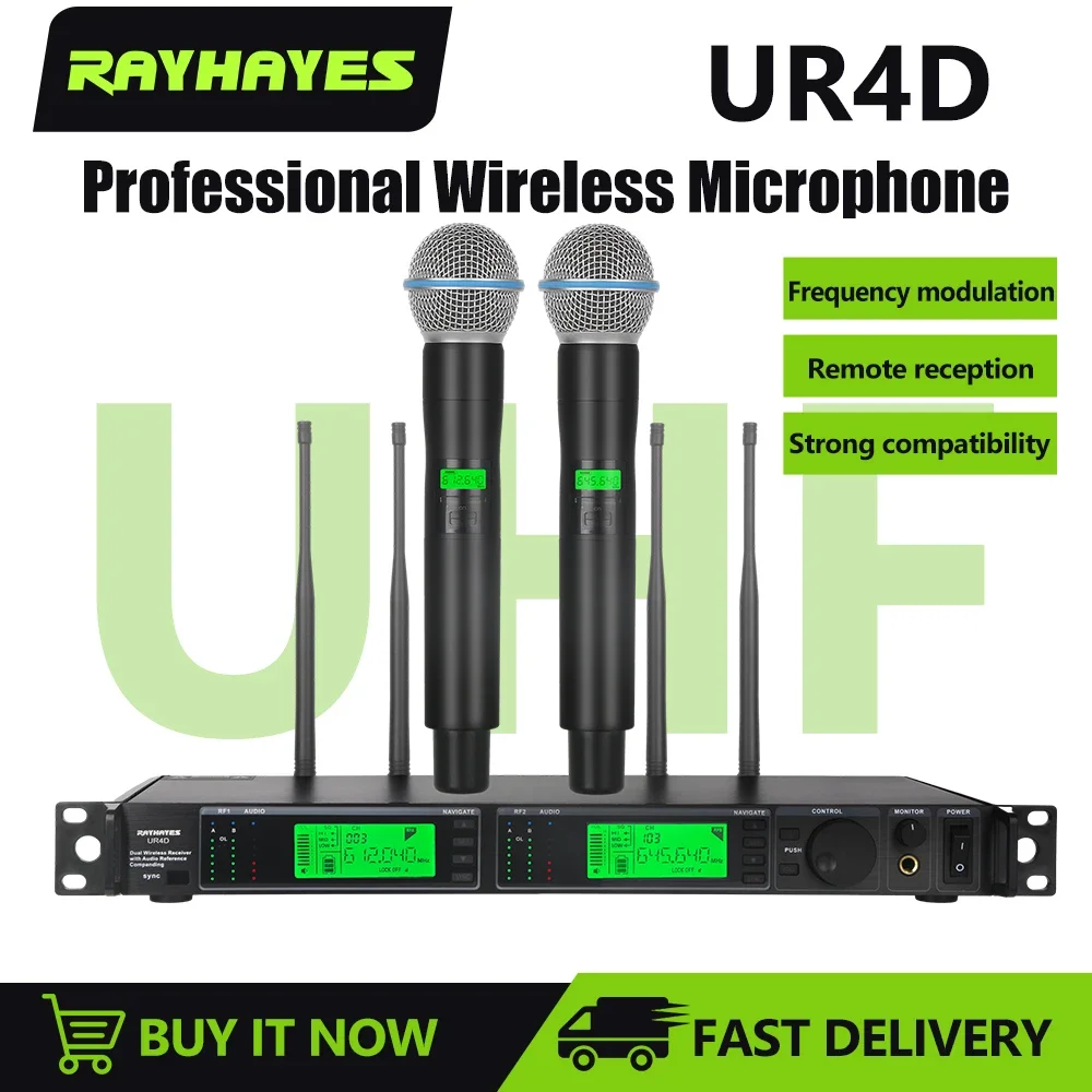 RAYHAYES UR4D Super Strong Signal Wireless Microphone Professional Dual Channel Conference Karaoke Mic Microphone