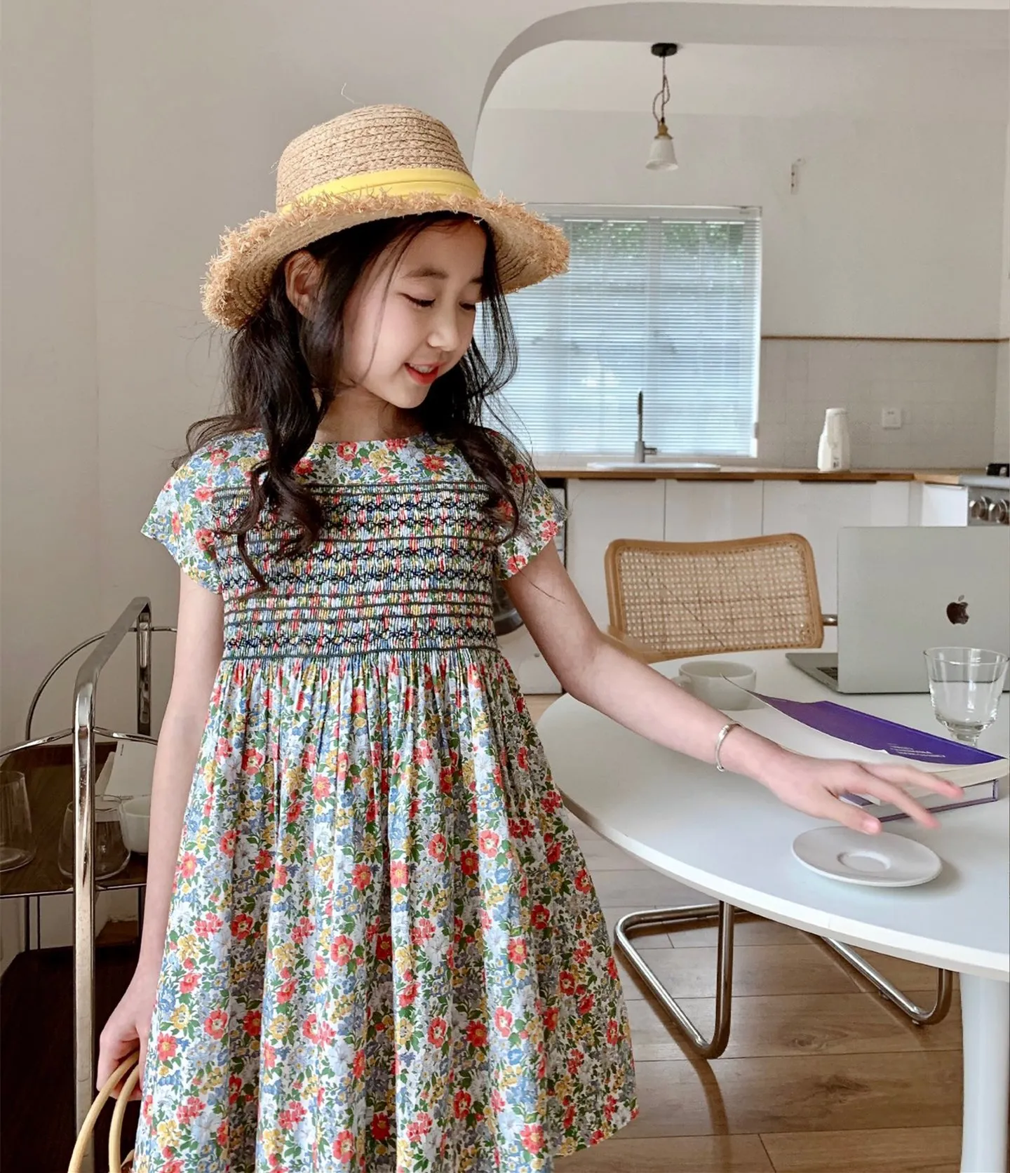 

Farmer dress kids girls dress summer baby clothes Custom Floral Fabric Sweet Short Sleeve Dress