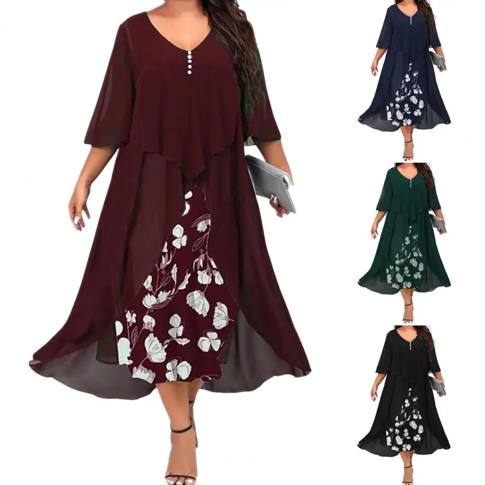 

Long Dress Half Sleeves Chiffon Splicing V Neck Loose Waist Large Hem Elegant Floral Print Women Maxi Dress for Autumn 롱 원피스
