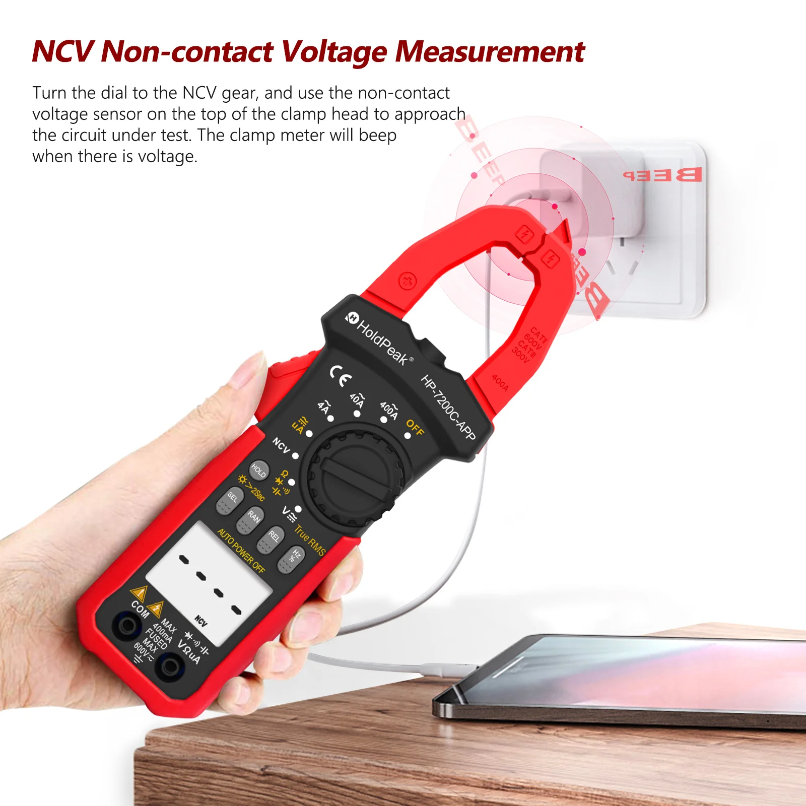 HoldPeak HP-7200C 4000 Counts AC True-RMS Clamp Multimeter with APP, Bluetooth, 600V CATII, 400A, for Voltage/Current/Resistance