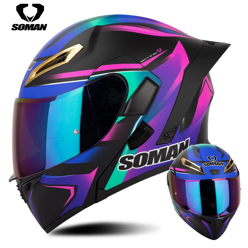SOMAN-Casco completo de motocicleta para hombre y mujer, protector