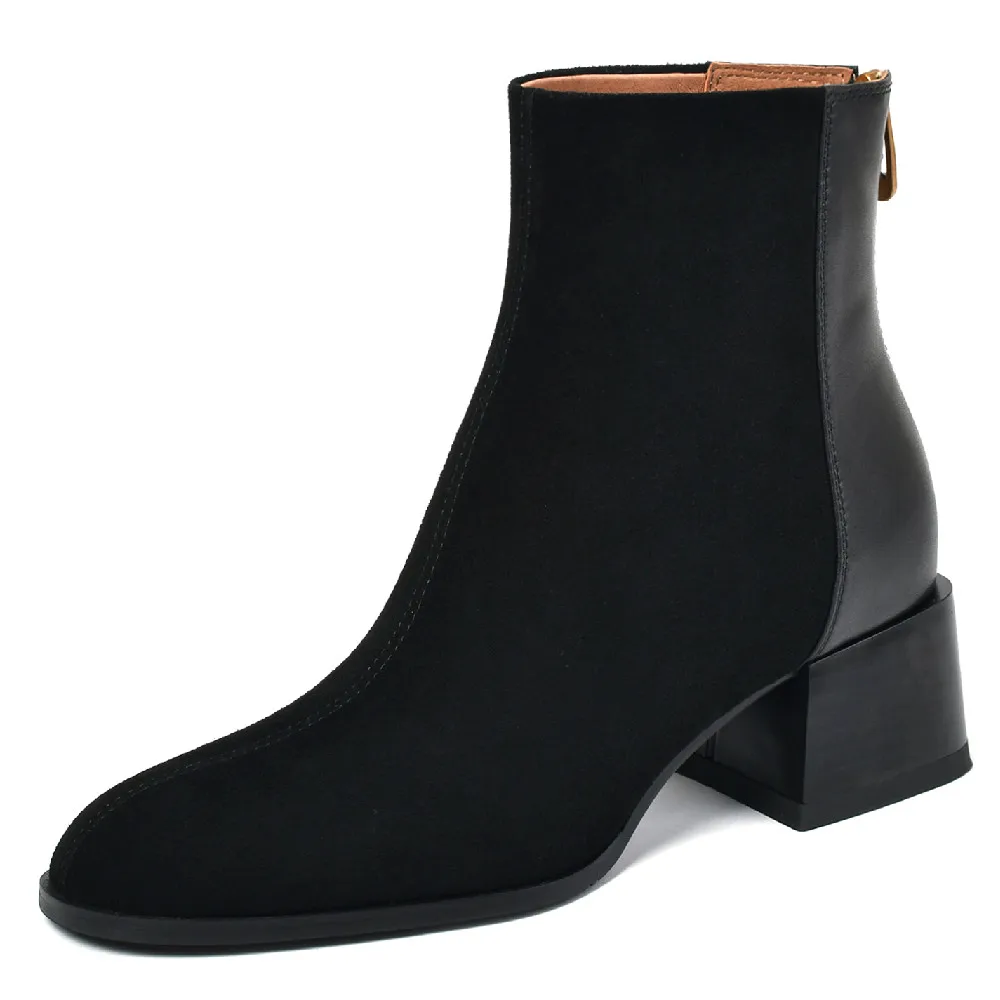 

Женские замшевые кожаные Лоскутные ботильоны на среднем каблуке 4,5 см с молнией сзади, Осенние мягкие удобные повседневные женские короткие ботинки