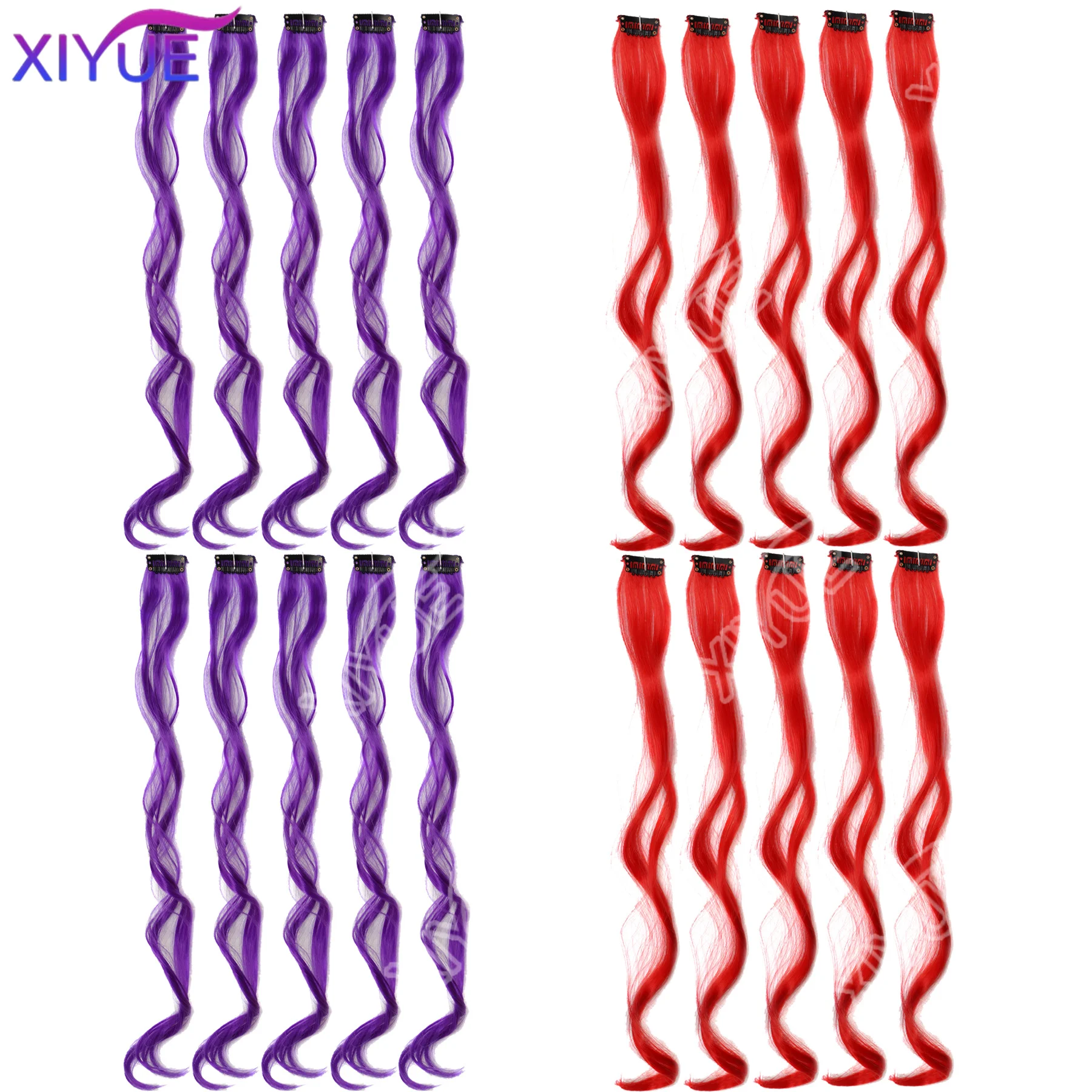 10Pcs Clip In Hair Clip In Wave Curly Hair Purple Red Wavy Hair With Clip In Hair Extension Synthetic 20inch Halloween Christmas