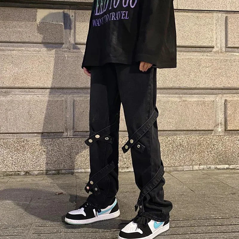 ICCLEK Autumn American Jeans Retro Loose Straight Pants High Street Jeans Bandage Jeans Men's Jeans Bell Bottom Jeans